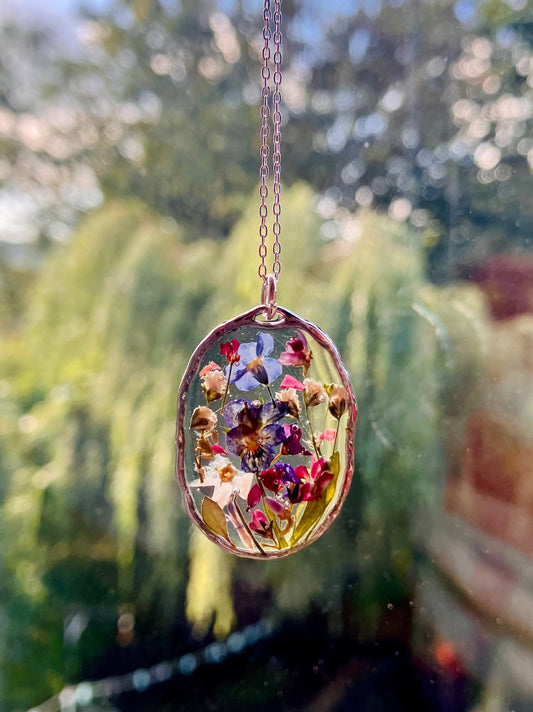 Personalised Real pressed flower necklace. Miniature forest garden jewellery , dried flowers preserved In silver with a silver chain.