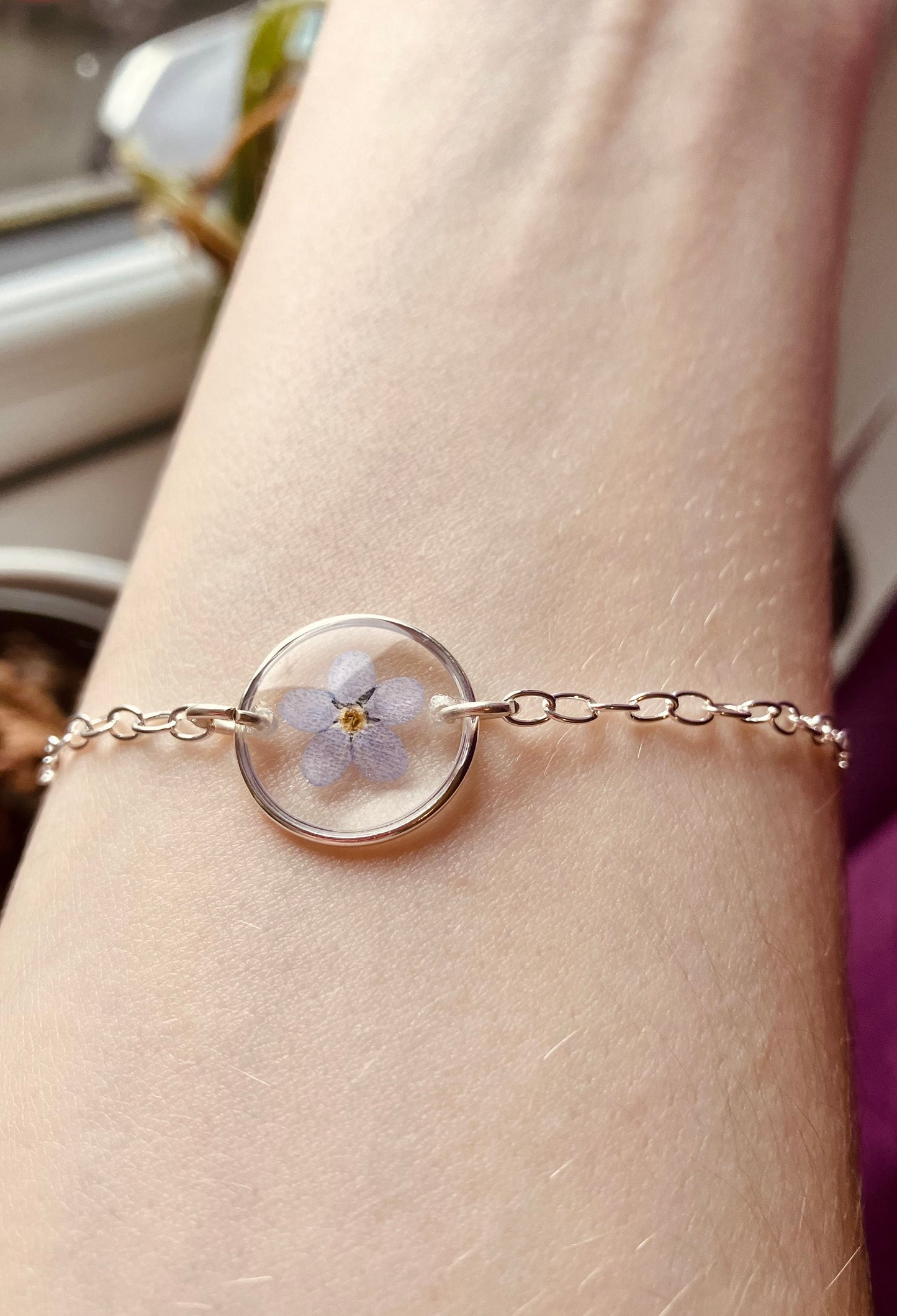 Forget me not real pressed flower solid silver 925 bracelet/ anklet-  solid silver chain, Christmas gift. - can be customised & personalised