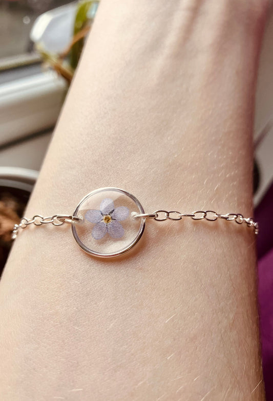 Forget me not real pressed flower solid silver 925 bracelet/ anklet-  solid silver chain, Christmas gift. - can be customised & personalised