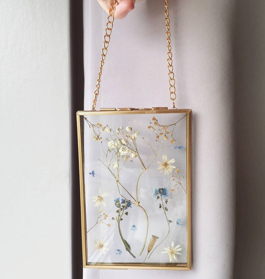 Real pressed dried flower botanical glass hanging wall frame, rustic cottage wall decor, farmhouse decor, herbarium wall art, mothers day