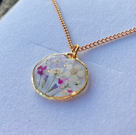 Pressed Tiny terrarium, garden real flower, dainty circle 17.5mm gold plated pendant necklace on 14k gold fill chain, personalised