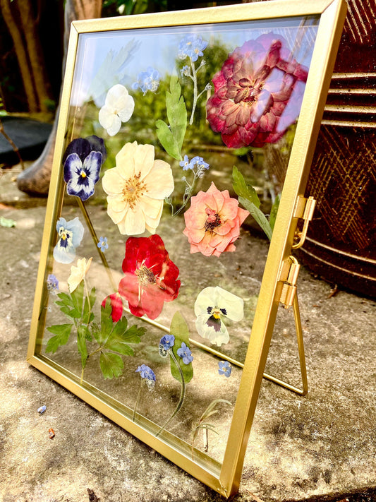 Real pressed dried flower botanical glass standing frame, rustic cottage,  farmhouse decor, herbarium wall art, valentines gift - rare find