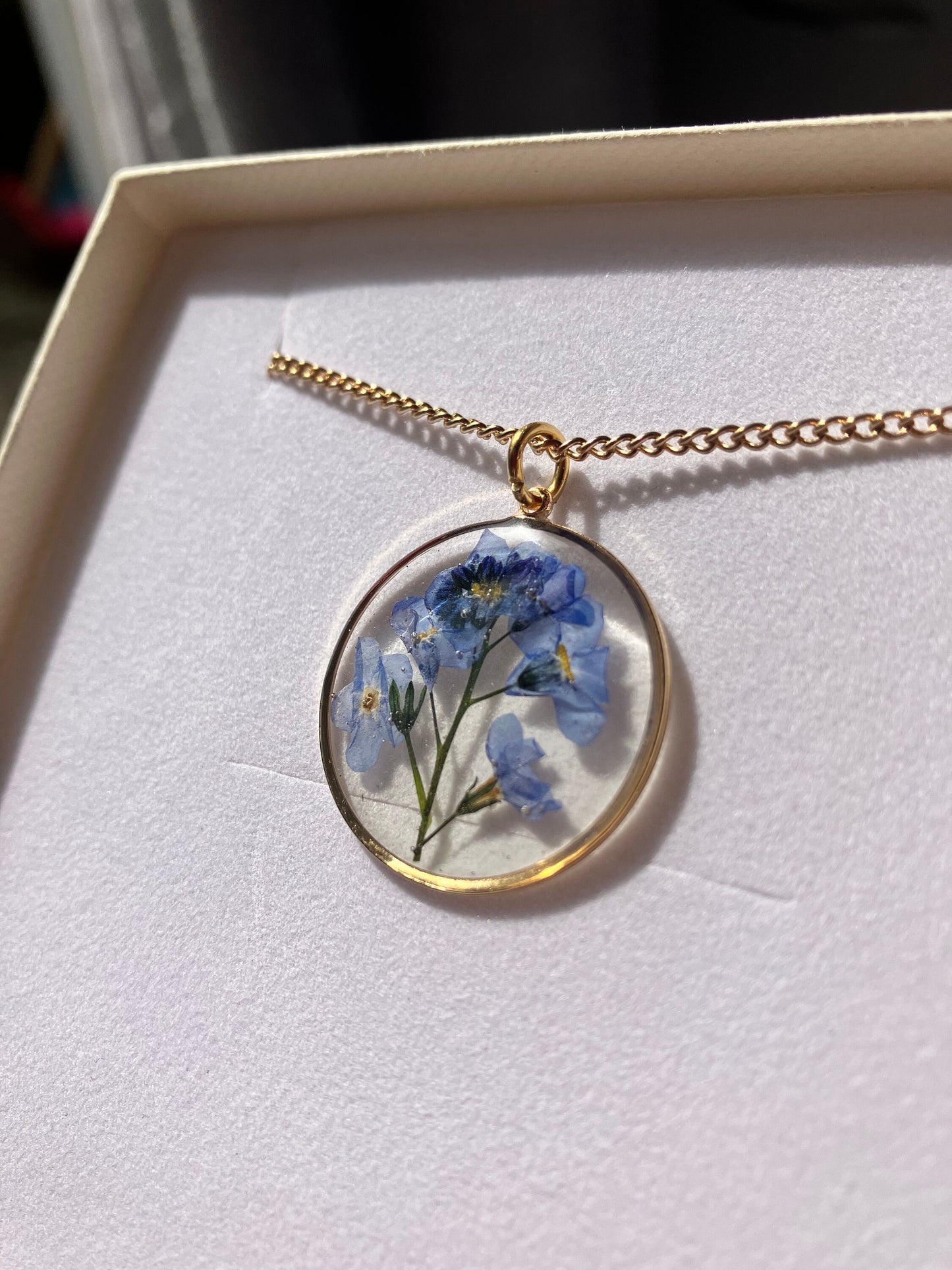 Personalised gift - Real flower necklace - Forget me not flower with stem on gold plated or 14k gold filled. Something blue, memories