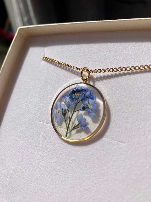 Personalised gift - Real flower necklace - Forget me not flower with stem on gold plated or 14k gold filled. Something blue, memories