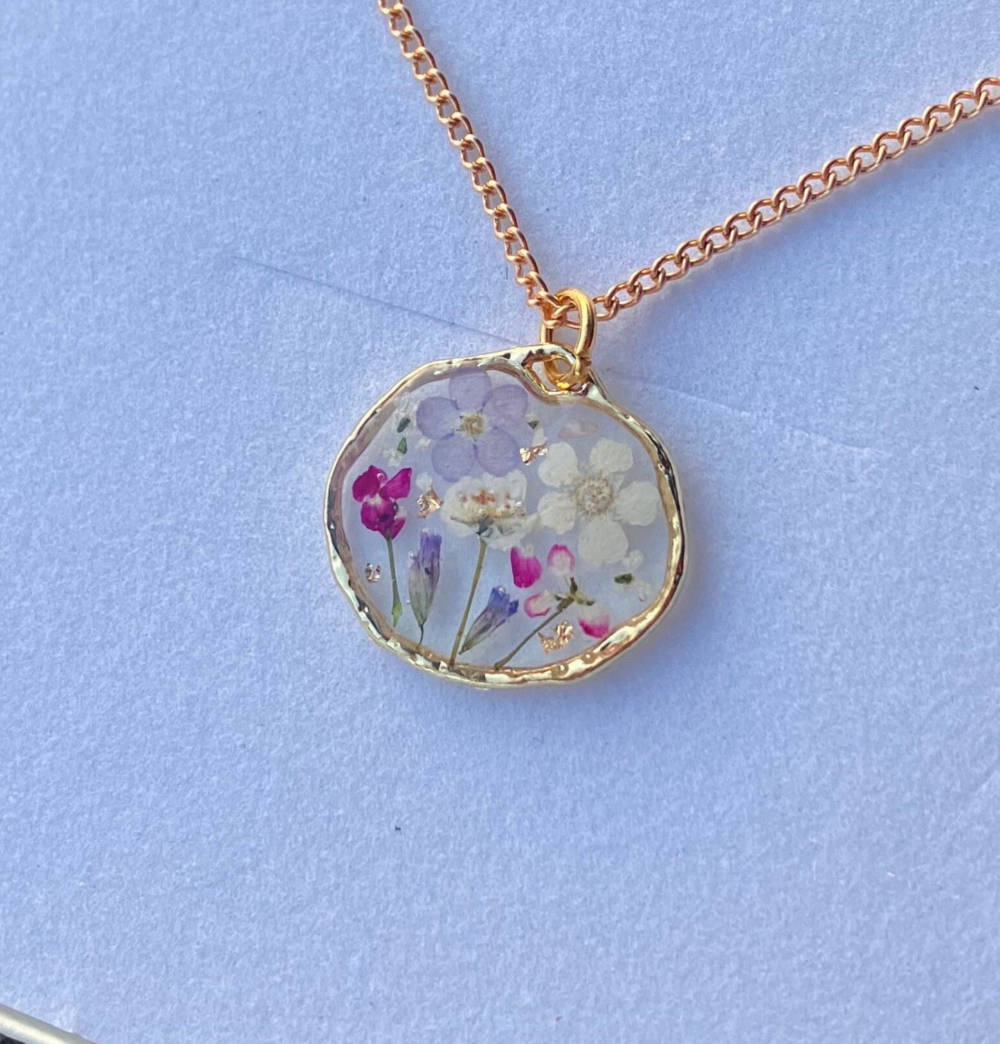 Pressed Tiny terrarium, garden real flower, dainty circle 17.5mm gold plated pendant necklace on 14k gold fill chain, personalised