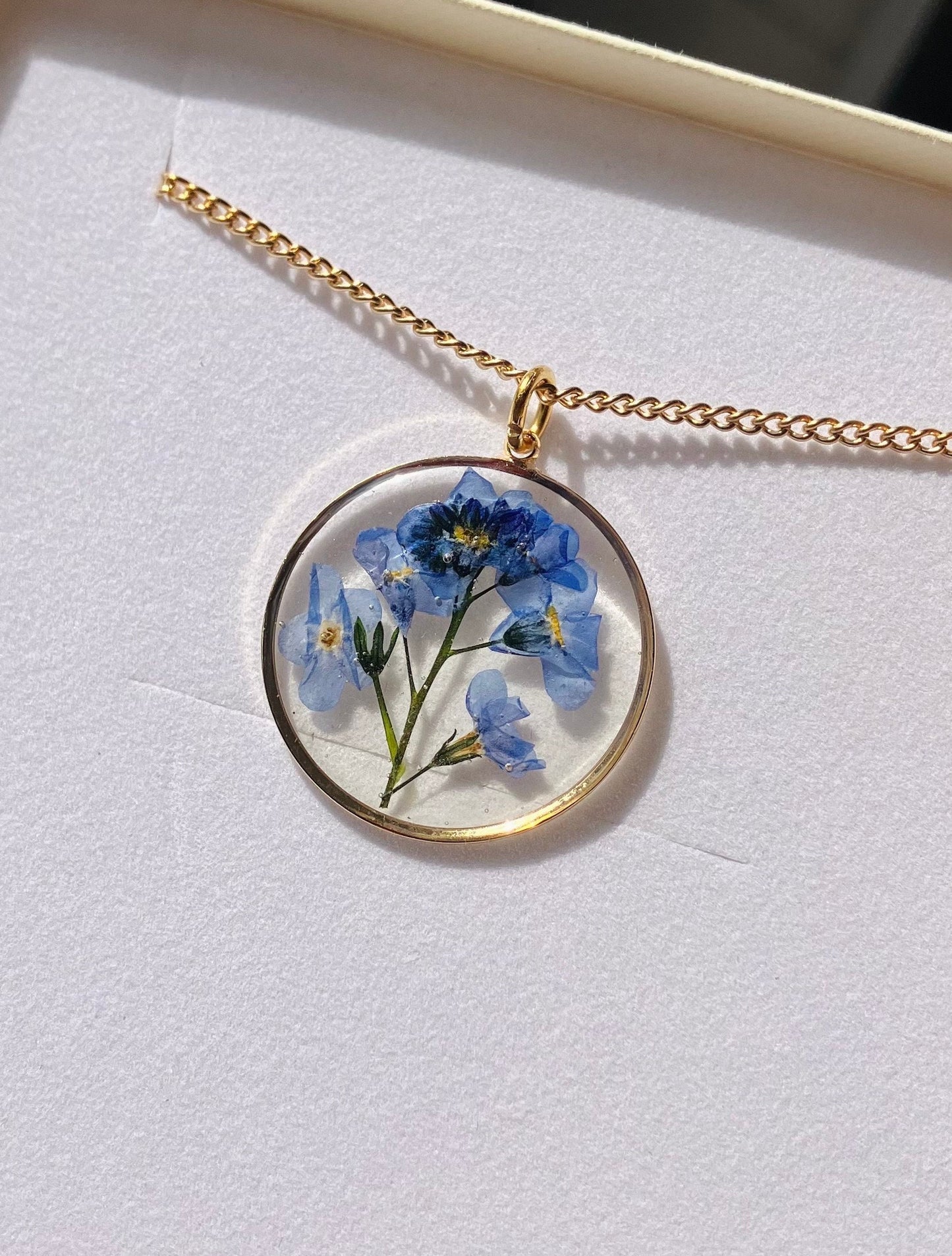 Personalised gift - Real flower necklace - Forget me not flower with stem on gold plated or 14k gold filled. Something blue, memories