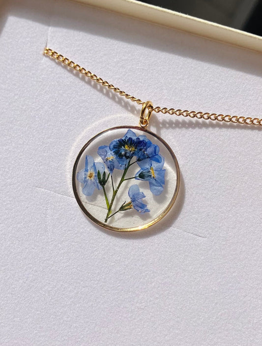Personalised gift - Real flower necklace - Forget me not flower with stem on gold plated or 14k gold filled. Something blue, memories