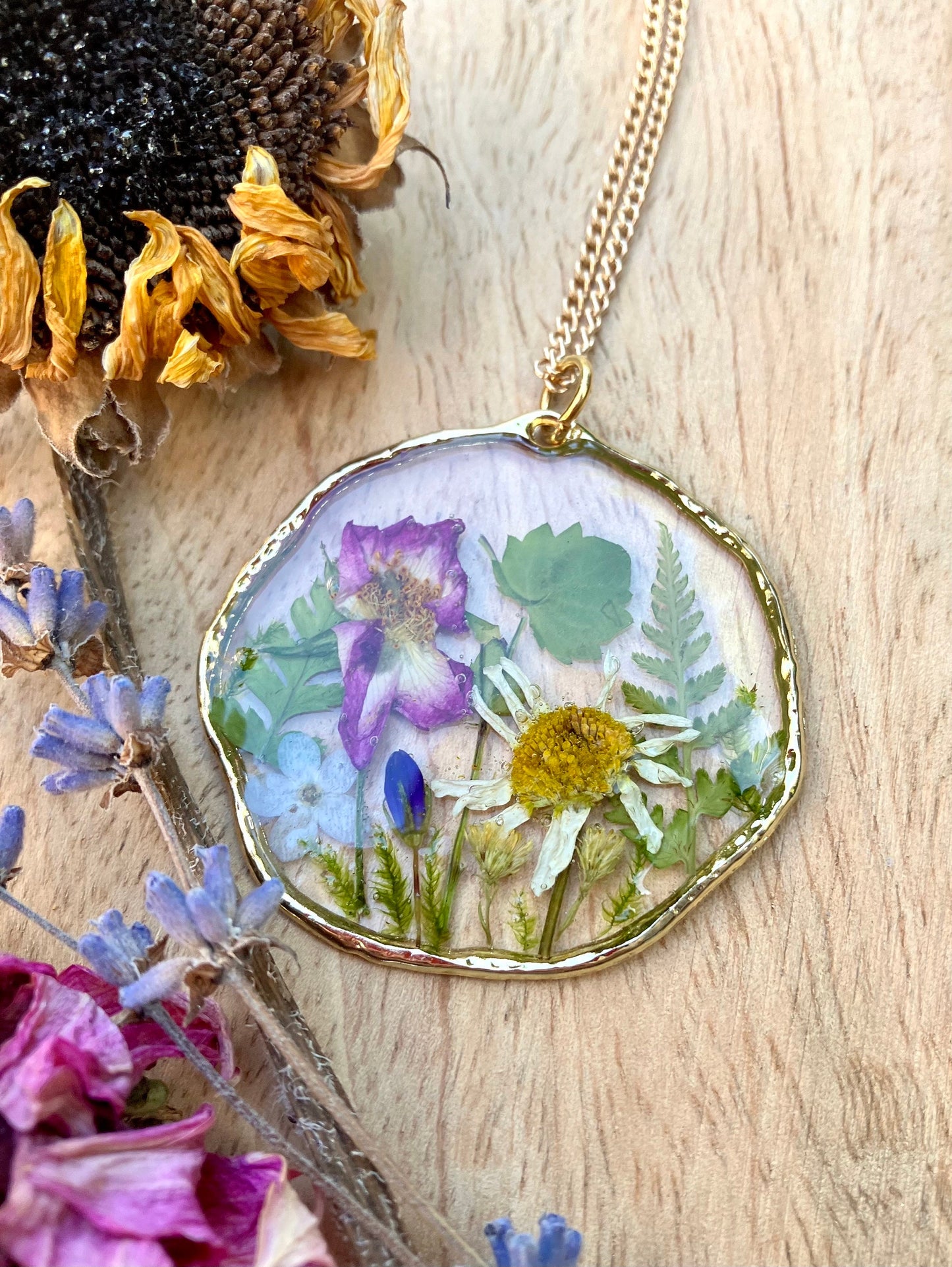 Chamomile and rose flower botanical terrarium pendant necklace on a 20in gold plated or 14k gold filled chain. Organic, large circle.