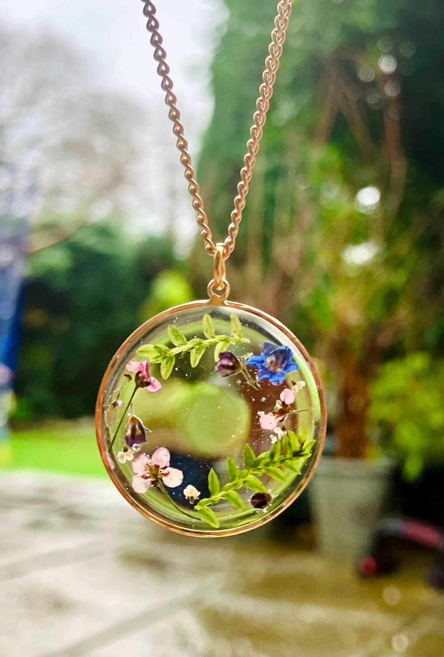 Personalised tiny real pressed flowers, alyssum, moss, resin necklace on gold plated or 14k gold filled chain. Christmas gift, wishes new.