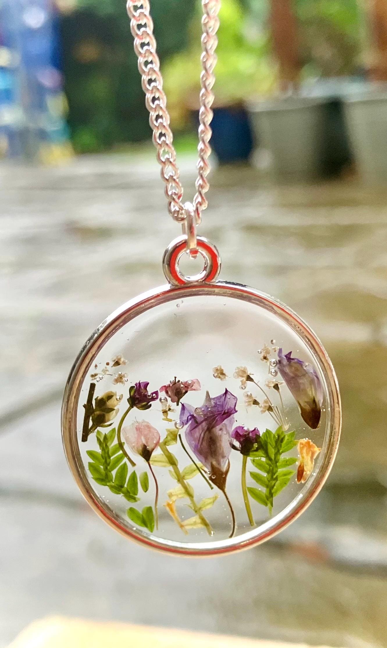 Personalised Real flower botanical terrarium flower pendant with lilacs, alyssum, tiny garden necklace on 925 stamped silver plated chain.