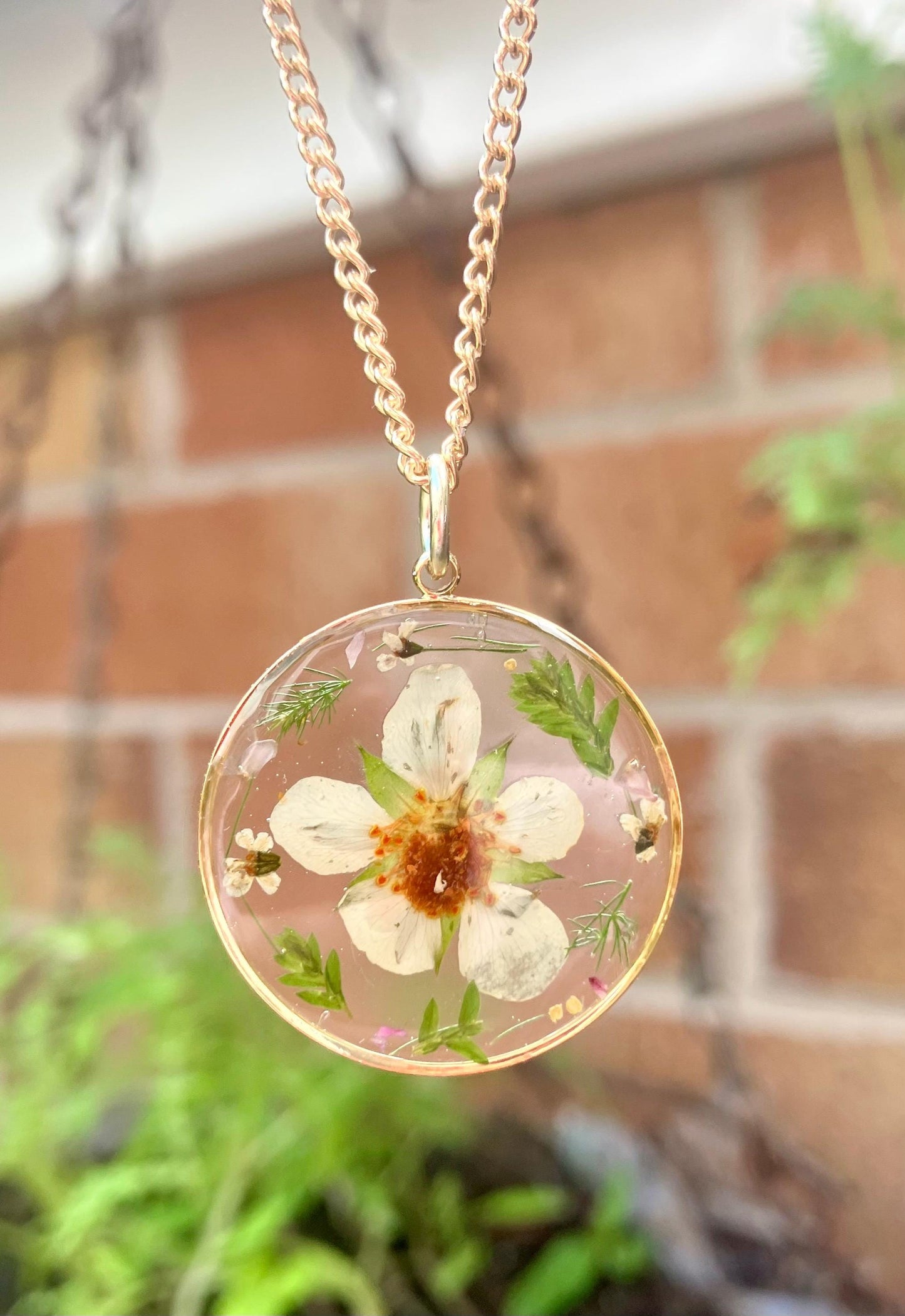 Real pressed strawberry flower necklace with dainty green fern leaves and queens Anne’s lace  on gold plated or 14k gold filled. Personalise